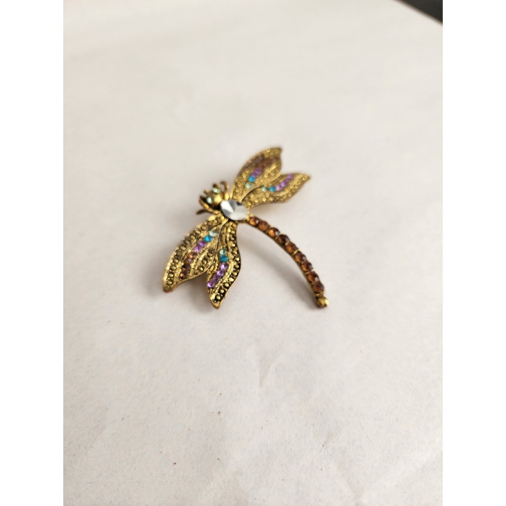 Vintage OTC Signed Gold Tone Multicolor Rhinestone Dragonfly Brooch Pin
